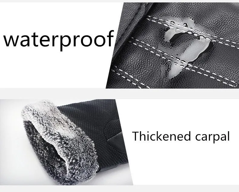 

2019 Winter Men PU Leather Short Thicked Black Touch Screen Gloves Man Outdoor Car Driving Mittens Men Waterproof Gloves For Ski