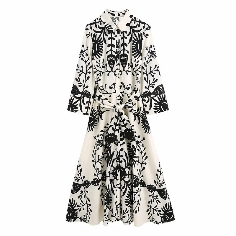 

2021 Fashion Women Floral Print Midi Shirt Dress With Belt Vintage Three Quarter Sleeve Button-up Female Dresses Mujer
