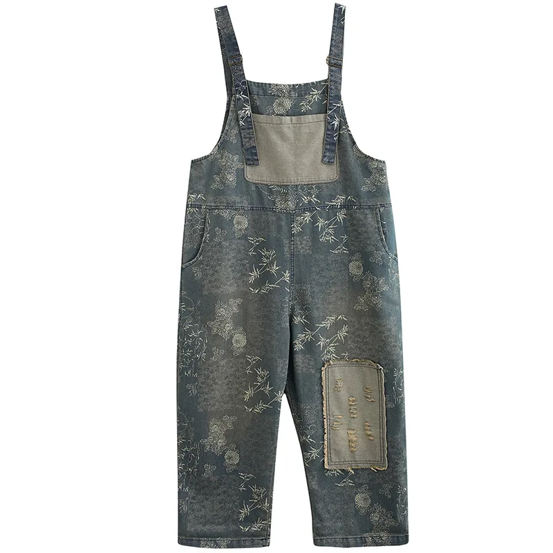 

Bazhenova Women Autumn Retro Print Denim Overalls Girls Casual Loose All-match Harem Pants Ladies Cropped Overalls Pants R837