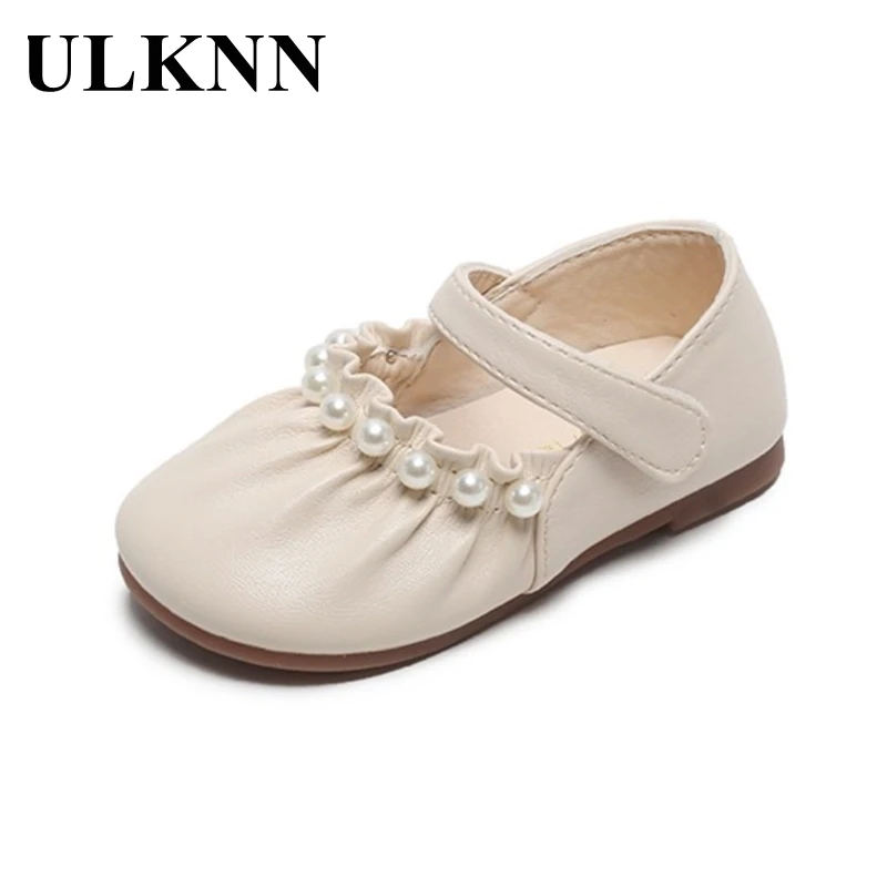 

ULKNN Girls Shoes Leather Summer kid's Shoes Baby Fashion Children Ruffle Pearl Beige Round Toe Girls Leather Toddlers Shoes