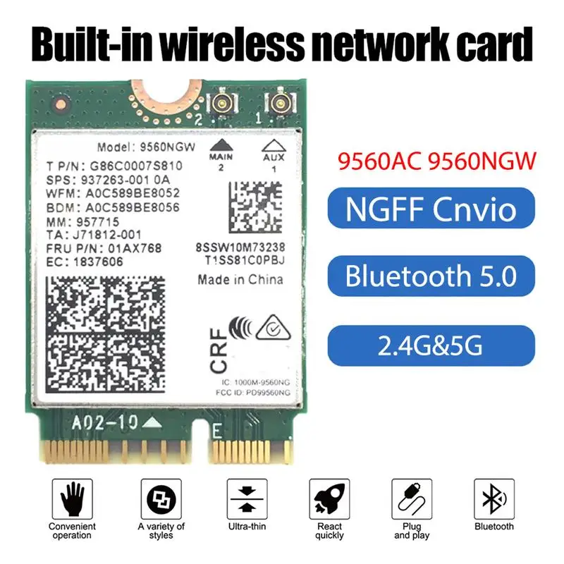 

9560AC 9560NGW NGFF Cnvio Wireless Network Card 1.73Gbps Dual Band 5G Bluetooth 5.0 MU-MIMO Internal Adapter Card