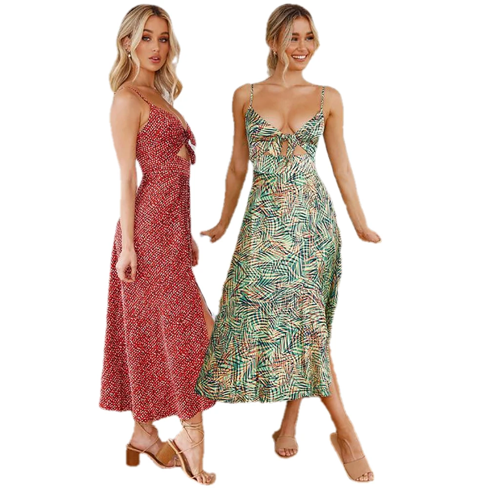 

Dress woman 2021 new spring and summer fashion retro printing sexy slim temperament slit medium length skirt women's dress y2k