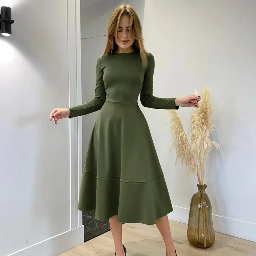 

Women's dress 2021 autumn and winter solid color A-line temperament casual knitted skirt with long sleeves dress female autumn