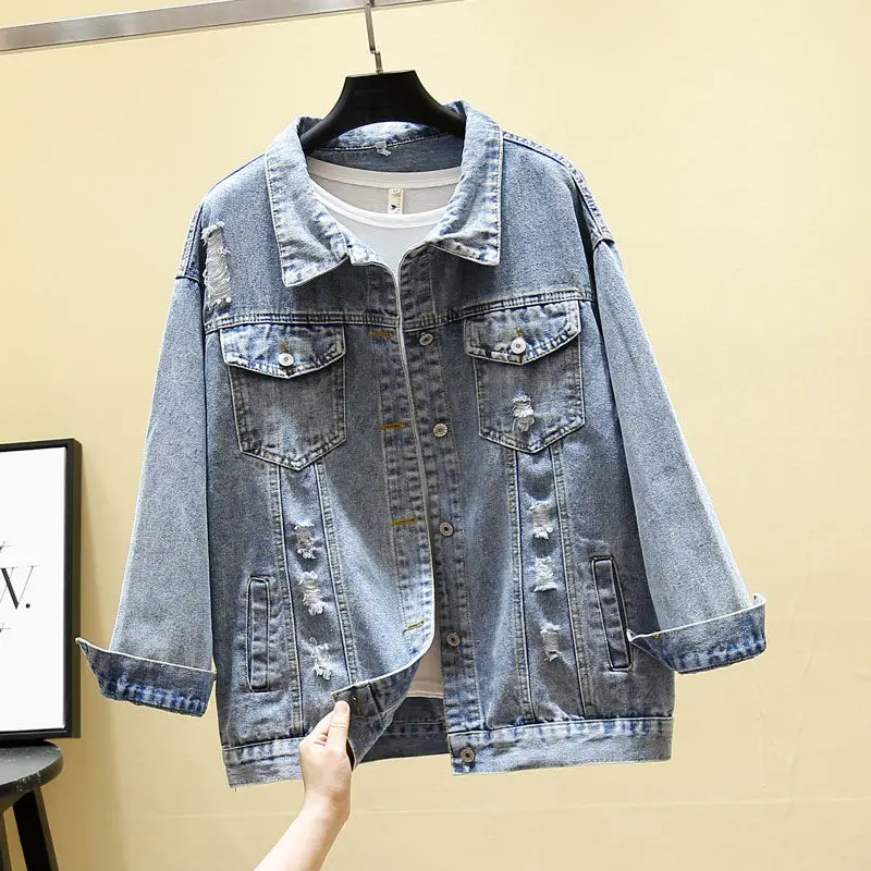 Женская джинсовая куртка с потертостями Timis Li BF Повседневная Свободная Потертая