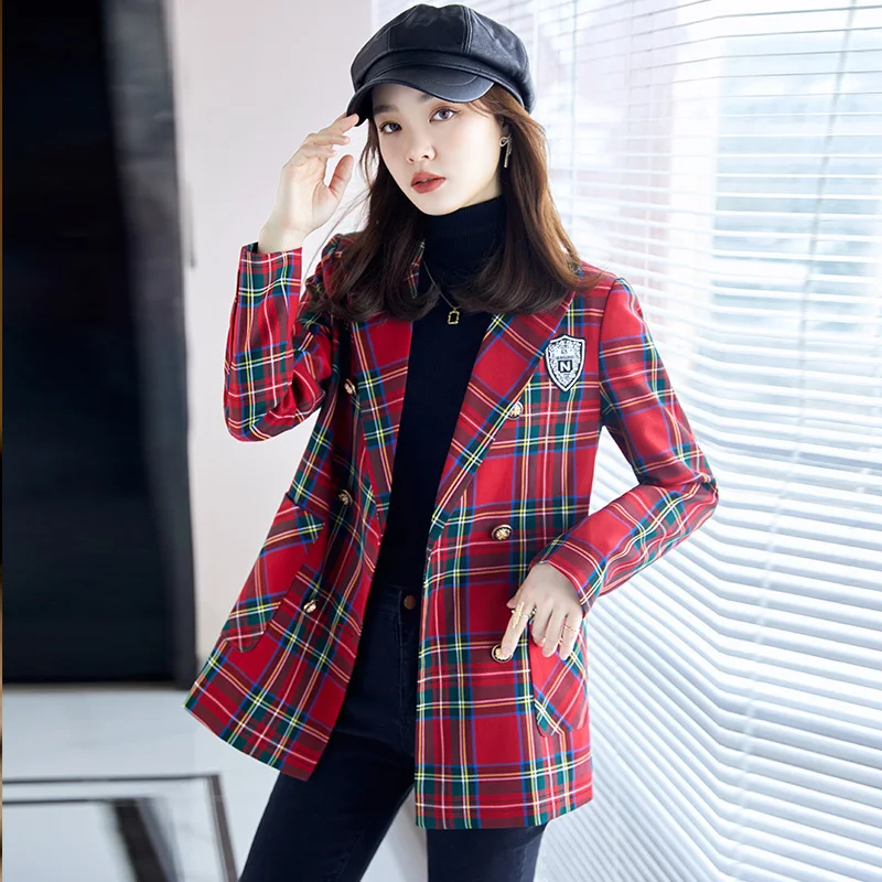 

Women's jacket Fashion Red Plaid Coat OL Styles Autumn Winter Blazers for Women Business Work Blaser Outwear Tops Plus Size 4XL