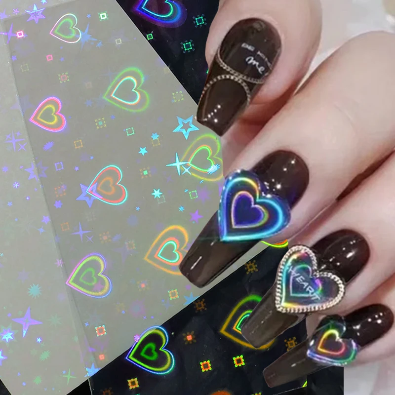 

3D Aurora Laser Love Heart Nail Stickers Self Adhesive Shiny Foil Heart Star Pattern Nail Decals DIY Manicure Nail Decoration