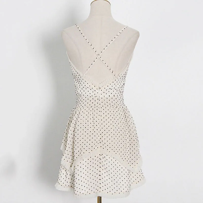 

SeeBeautiful Polka Dot Ruffles Sexy Expose Back A-line Strap Dress V-neck Sleeveless New Fashion 2021 Spring Women E031