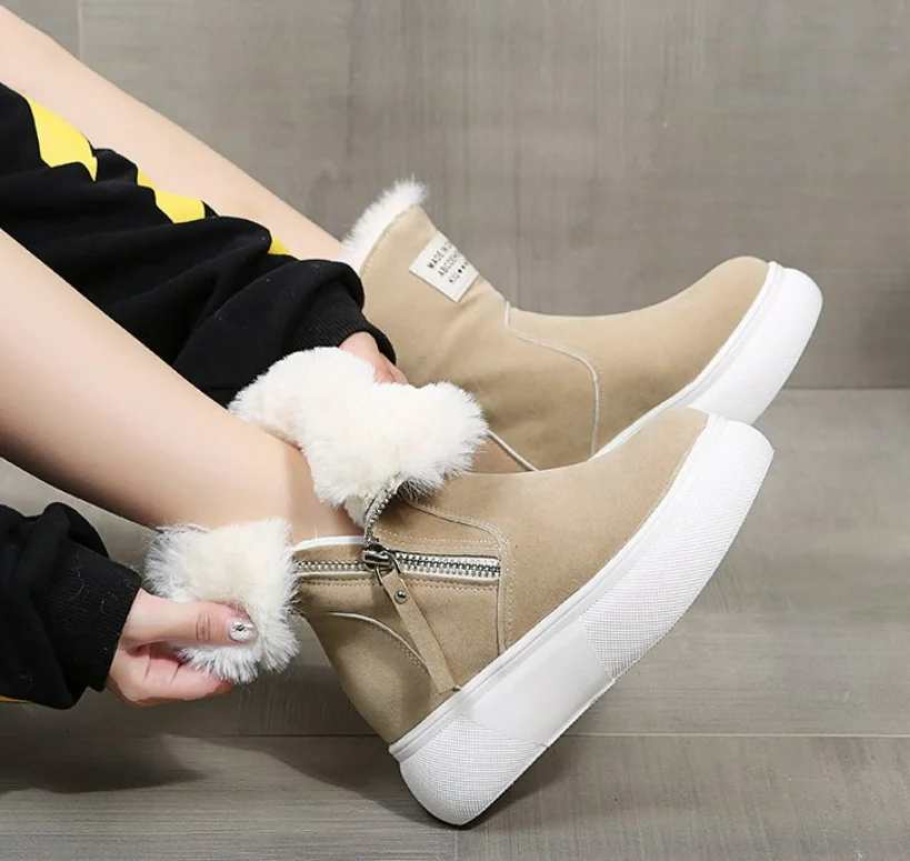 

Winter Punk Sneakers Women Black Leather High Heel Ankle Boots Female High Top Warm Fur Round Toe Platform Shoes