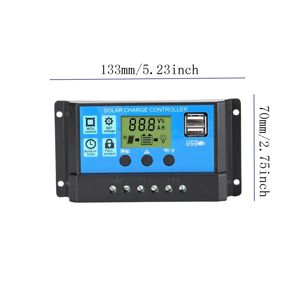 

60A/50A/40A/30A/20A/10A Solar Charger Controller 12V 24V Auto PWM Controllers LCD Display 5V Dual USB Output Controller