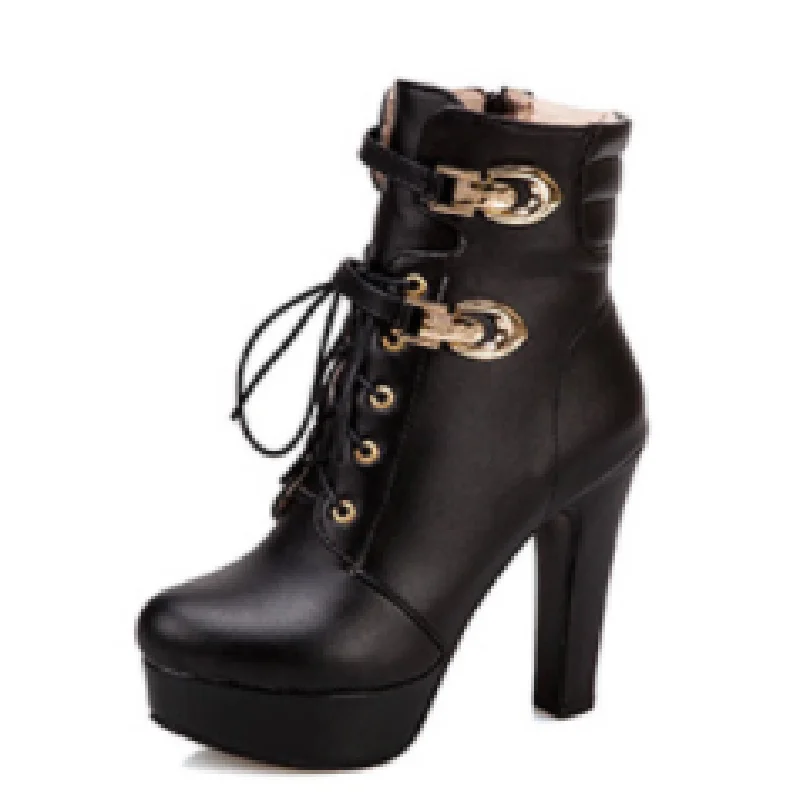 

Women Boots Autumn and Winter Fashion Round Toe High Heels Square Heel Metal Decoration Street Style Martin Boots Plus Size34-50