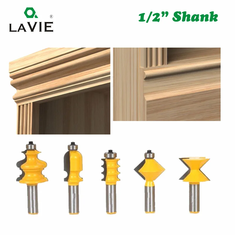 LAVIE 5pcs 12mm 1/2 Inch Shank Closet Door Top Router Bits Set Wood Carving Carbide Alloy Graver Convex Milling Bits MC03052