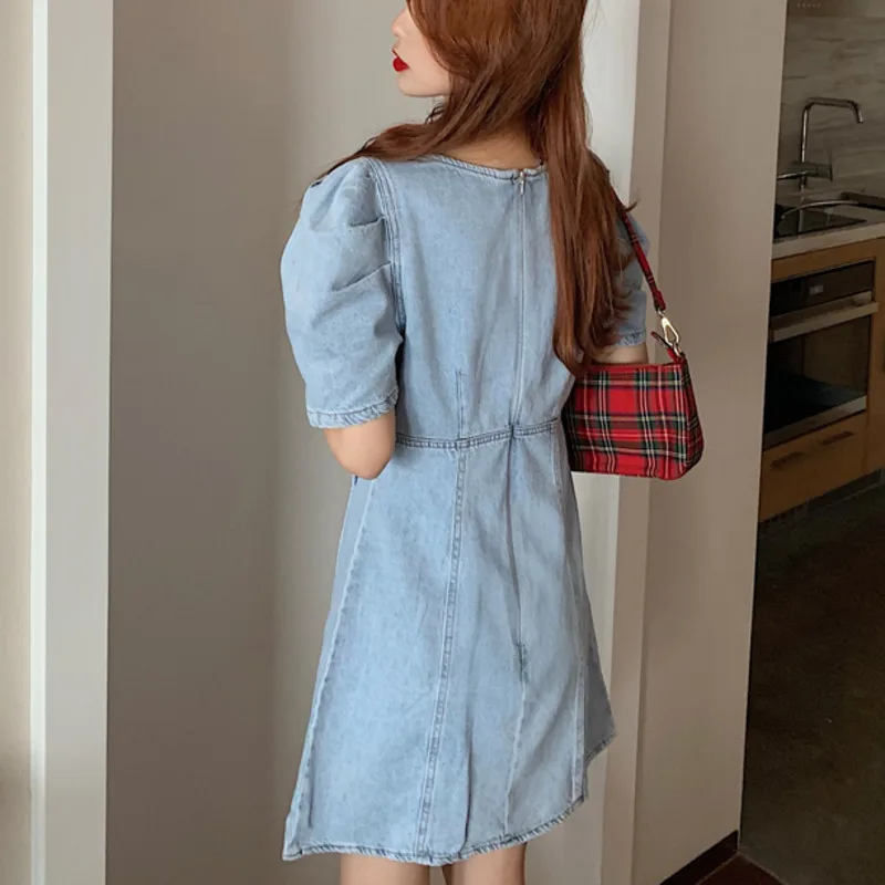 

High Quality Retro Split Denim Skirt Spring And Autumn 2021 New Square Neck High Waist Short Sleeve Min Dress For Woman Dress
