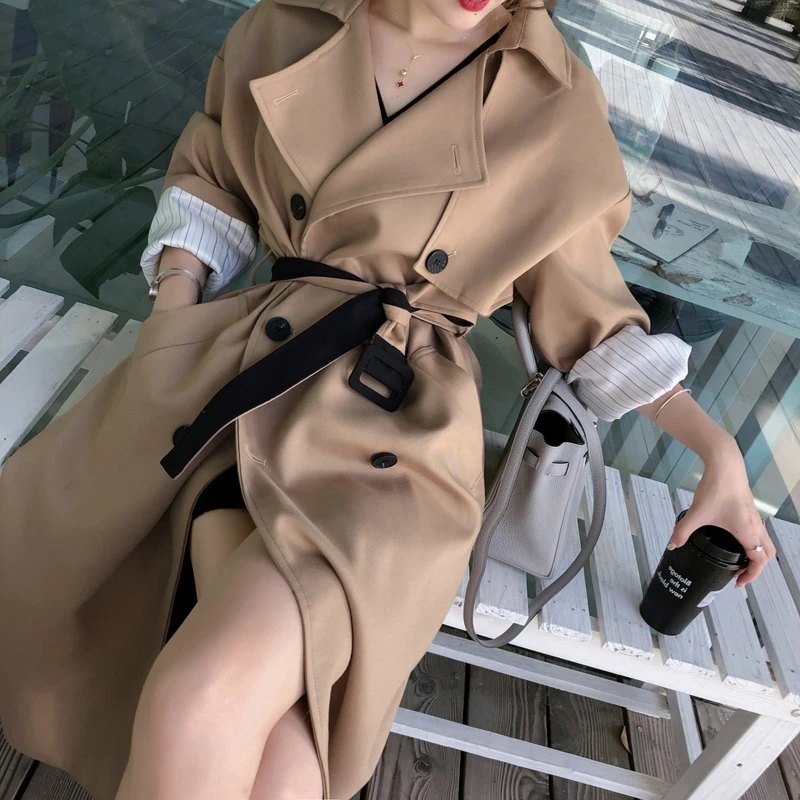 Тренчкот женский длинный двубортный с поясом Элегантный Модный ветрозащитный