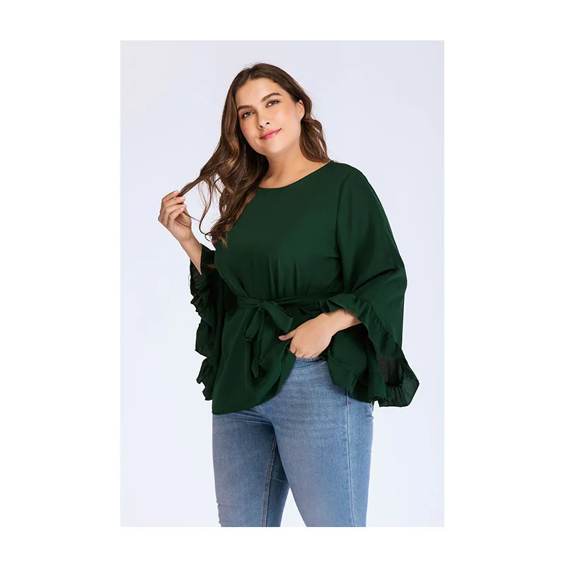 new autumn winter plus size tops for women long sleeve large cotton O neck casual loose T shirt belt green 4XL 5XL 6XL 7XL