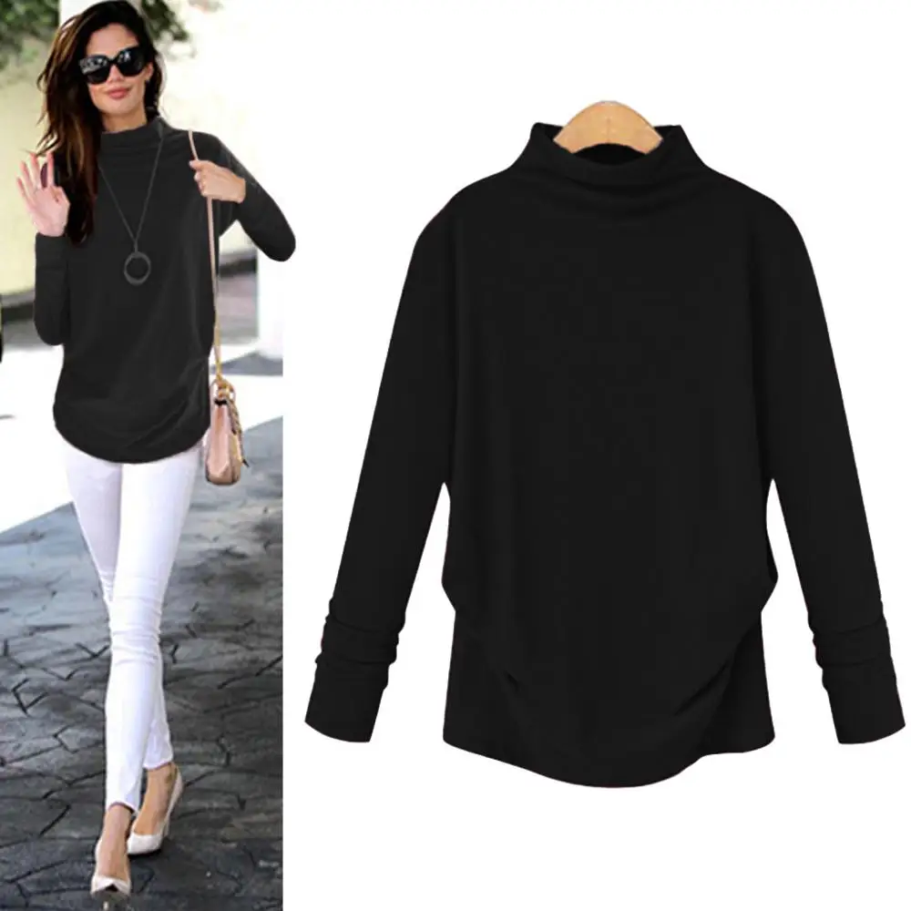 Футболка женская с высоким воротником и длинным рукавом однотонная Повседневная