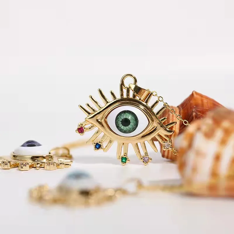 

New 2021 Punk Fashion Multi Color Evil Eye Pendant Copper Gold Chain Zircon Necklace for Women Girl Travel Party Jewelry