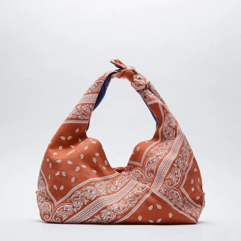 

Fashion Printing Canvas Women Handbags Scarf Knotted Strap Women Shoulder Bags Large Capacity Underarm Women's Bag Females Tote