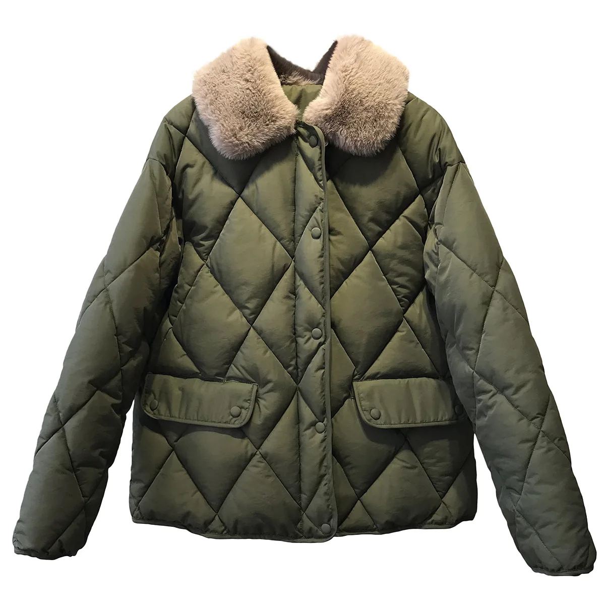 

JVCAKE Faux rabbit fur collar women's Parkas 2020 autumn winter Korea style warm oversize Diamond jacket top