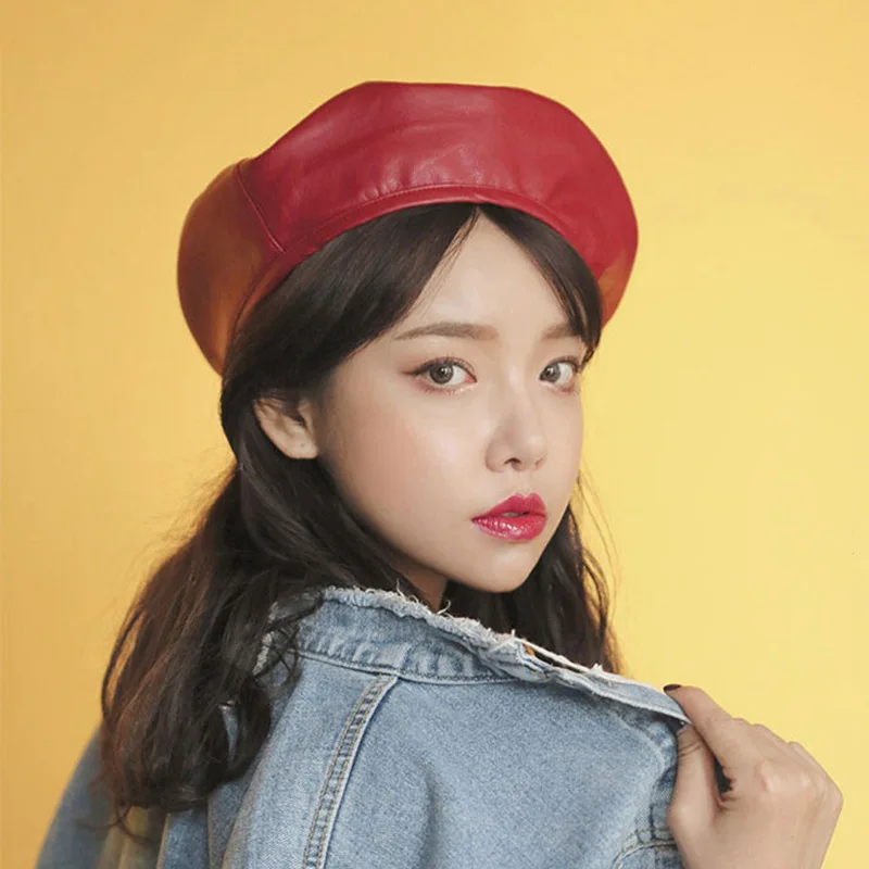 Song Qian Airport street shot same style hat for girls Korean beret PU leather black octagonal fashion painter | Аксессуары для