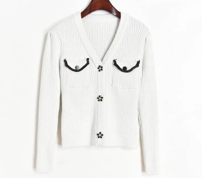 

1029 2020 Free Shipping Fashion Sweater Black Cardigan Long Sleeve V Neck Panelled MINXHI
