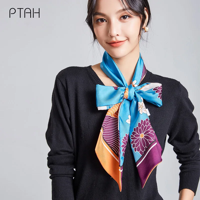 

[PTAH] 100% Mulberry Silk Scarf Autumn New Neckerchief Print Scarves Fashion Women Long Soft Comfort Scarf High Quality 150*14cm