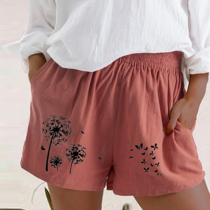 

2021 Dandelion Print Women's Shorts Hot Summer Casual Cotton Linen Shorts Plus Size Mid Waist Short Woman Streetwear Short Pants