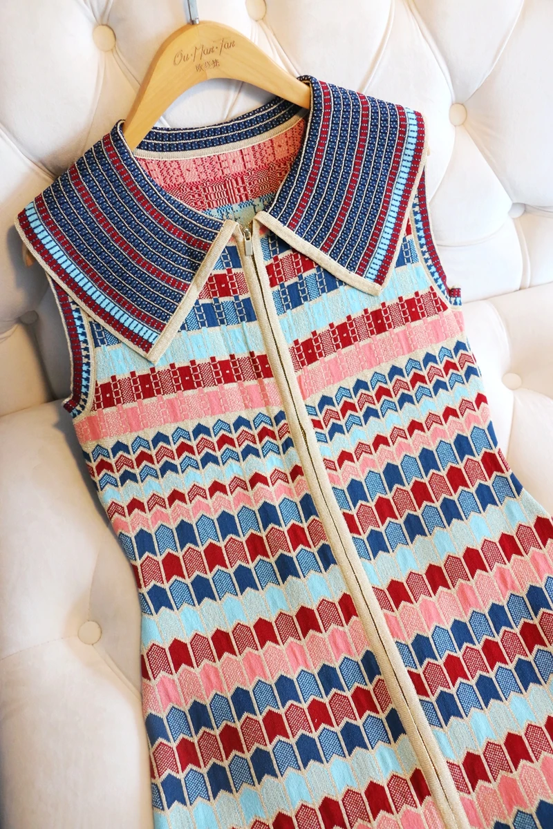 

Summer Turn Down Collar Dress Women Vintage Luxury Brand Design Elegant Knitted Straight Midi Dresses Sleeveless Ladies Vestidos