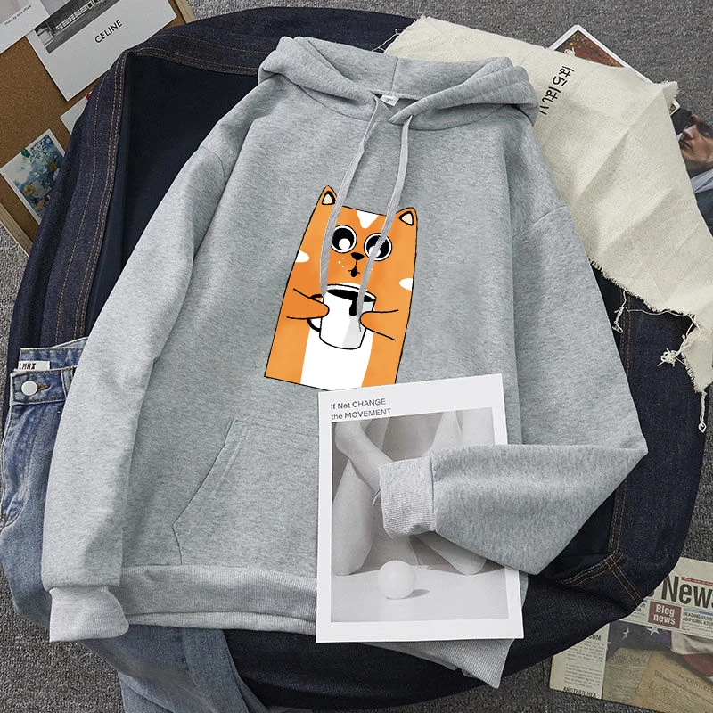 

Cat drinking milk tea hoodies for women clothes pink Harajuku Print Funny Hip Hop student Sweatshirt Clothing Streetwear Hoodies