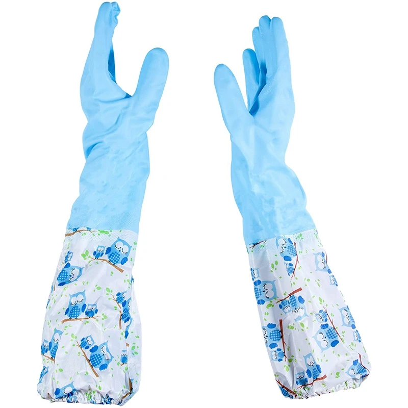 

Pair of Rubber Gloves for Kitchen Cleaning Pond Gutter Drain Cleaning - Long Arm - One Size Fits All Blue Pattern