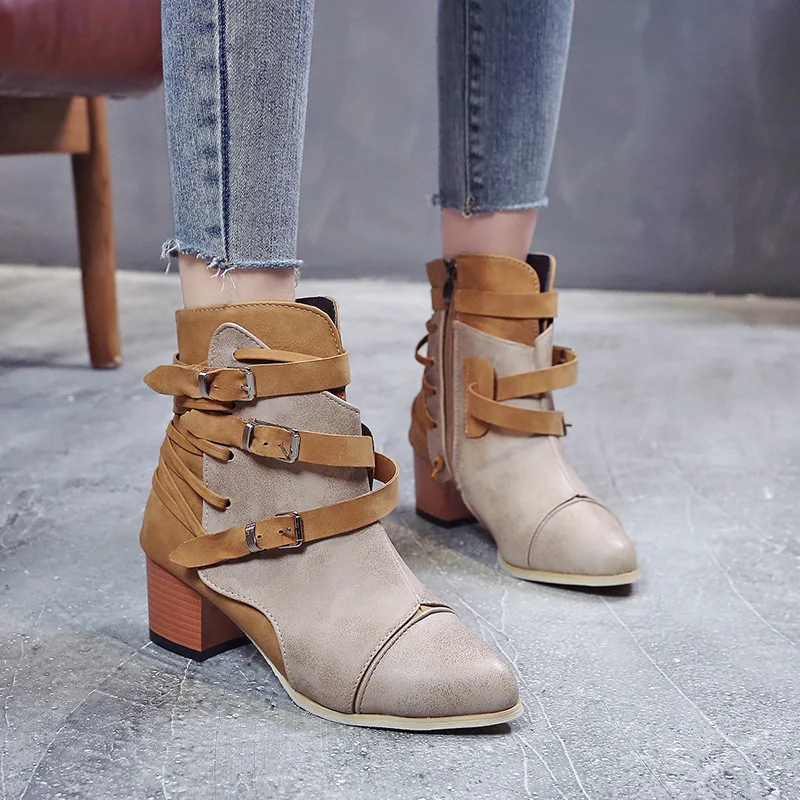 Модные новые женские ботинки Короткие однотонные Винтажные с пряжкой и круглым