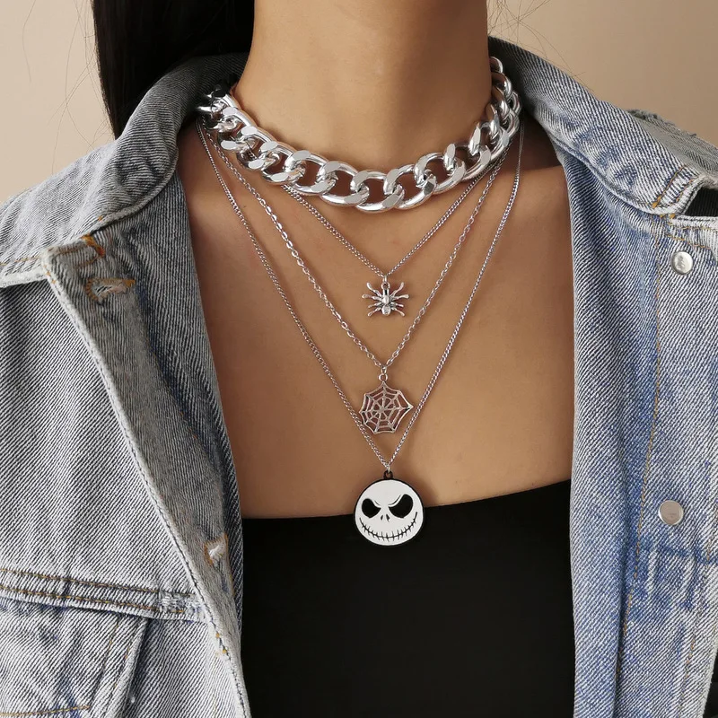 

TIMEONLY Funny White Skull Spider Pendant Necklaces for Women Multi-Layers Chunky Curb Chain Chokers Necklace Festival Jewelry