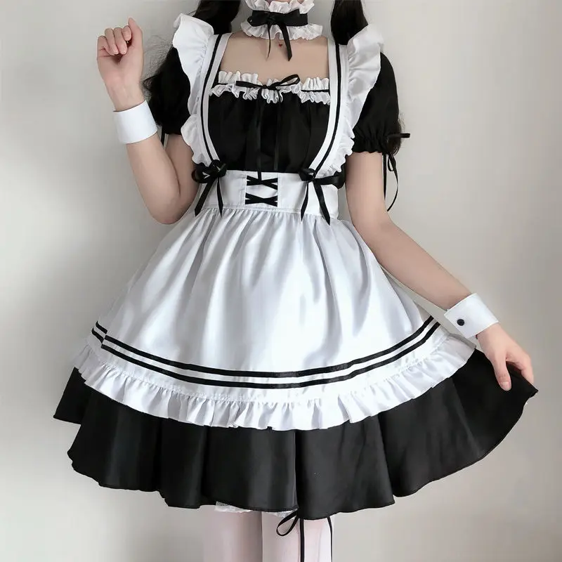 HOUZHOU Maid Dress Woman Lolita Cosplay Dresses Summer Kawaii Cute Waitress Milkmaid Costumes Uniform Sexy 7 Piece Set Outfits