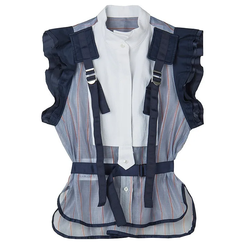 CHICEVER Летняя Повседневная полосатая женская блузка с воротником-стойкой и