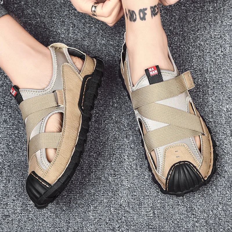 

SusuGrace Summer men casual sandals comfortable hook & loop outdoor sneaker youth trend fashion breathable Soft-soled flat shoes
