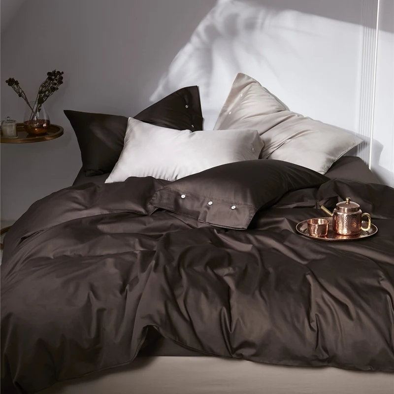 

Duvet Cover with Button Coffee Solid Color 100% Egyptian Cotton Satin Feels Silky Soft Bed sheet set Queen King Twin Bedding set