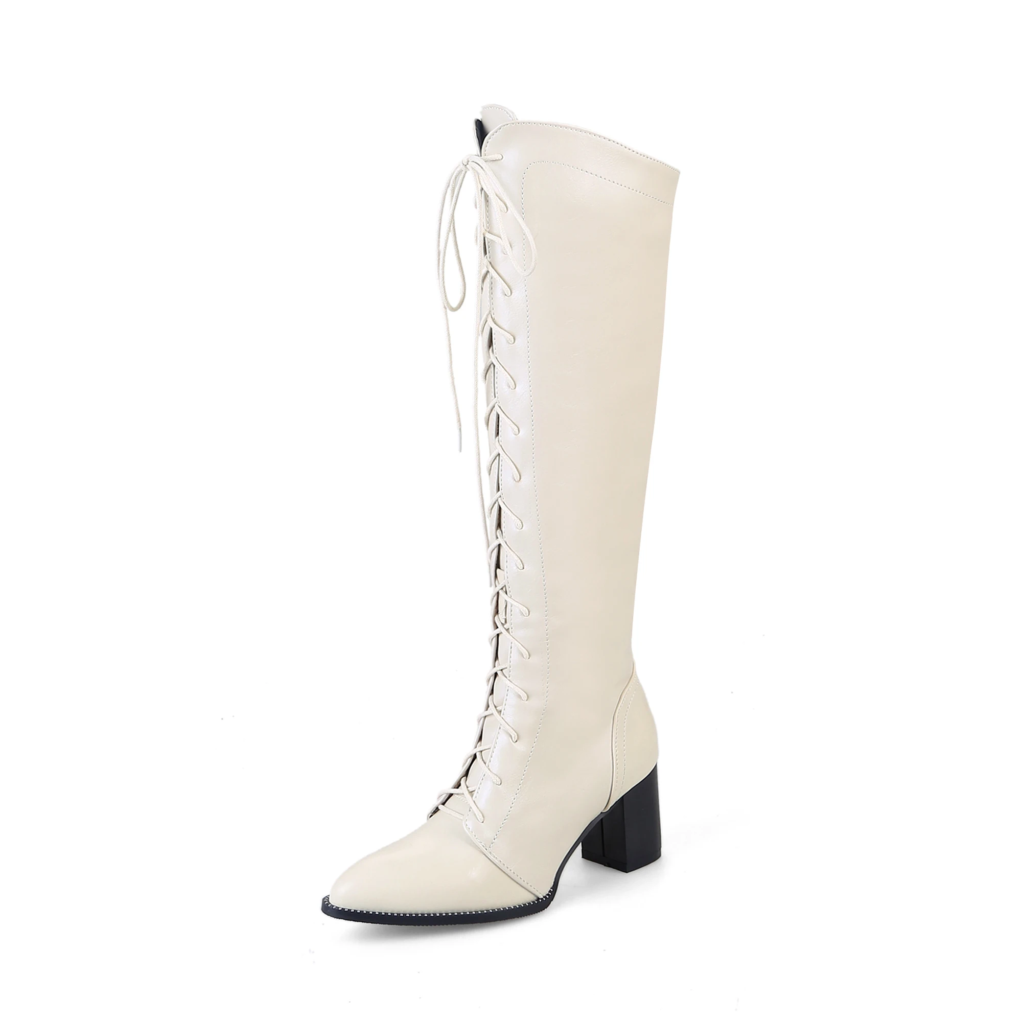 Женские сапоги до колена черные или белые на толстом высоком каблуке без