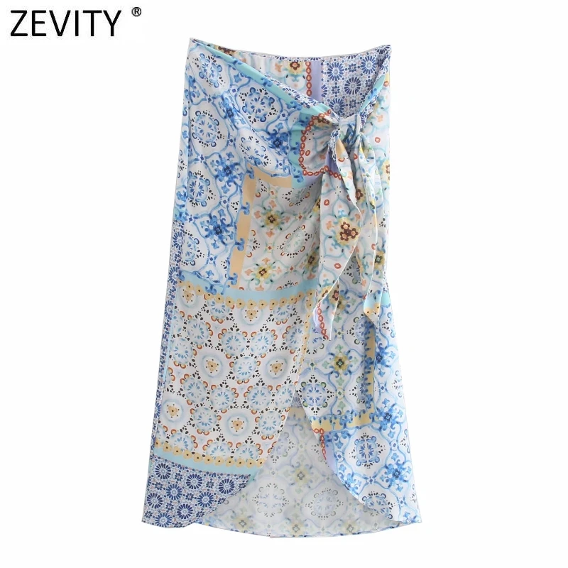 

Zevity Women Vintage Cloth Patchwork Floral Print Knotted Sarong Skirt Faldas Mujer Female Side Zipper Chic Slim Vestidos QUN793