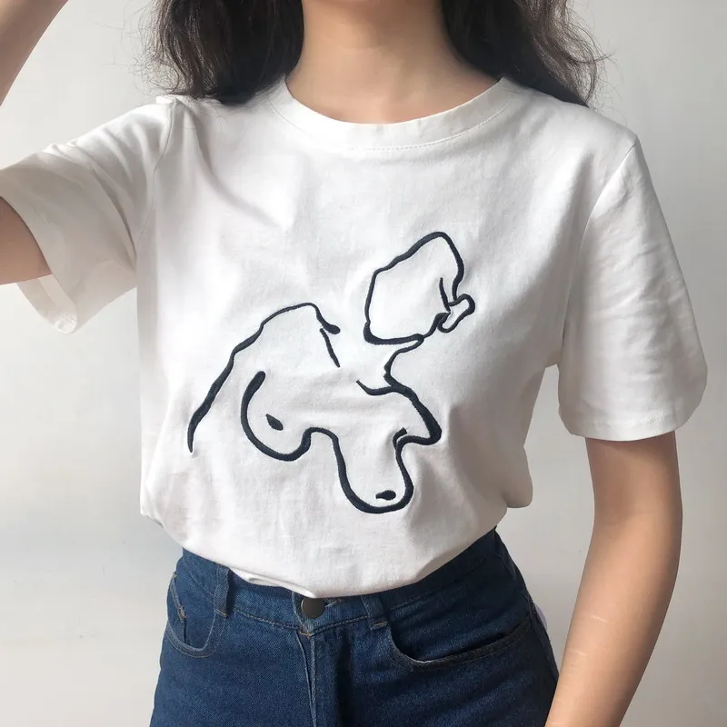 

Эксклюзивный домашний минималистичное украшение росписью линии свободные круглый вырез горловины белого цвета с короткими рукавами футбо...