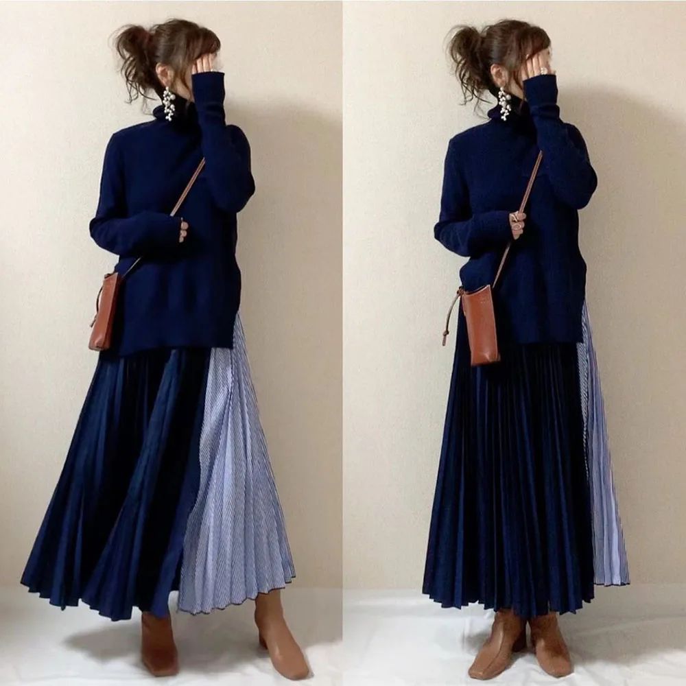 

Pullovers Knitted Dress Korean Japan Style Women's Knitwear Long Sleeve Patchwork Maxi Dress 2021 Elegant Femme Vestiods New