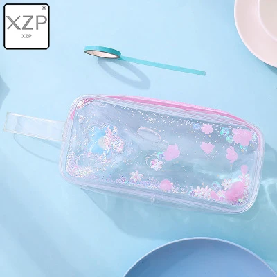 Blue Flower XZP Girl Pencil Case Transparent Oil Sandpaper Pen Bag Ins Style Cute Cosmetic Bag Wardrobe Organizer Travel Organizer Set - Цвет: Blue Flower