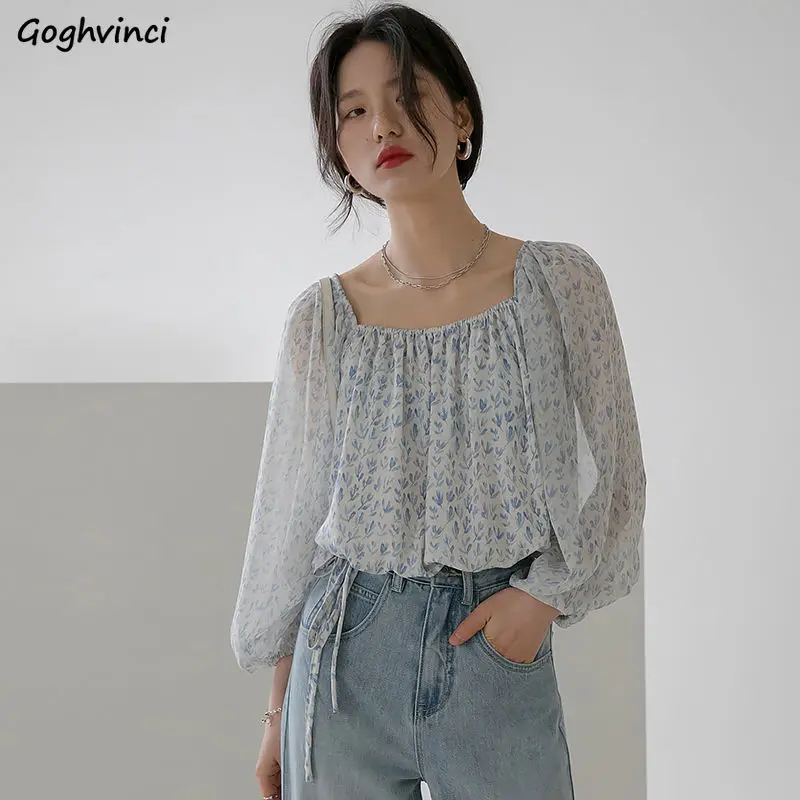 

Summer Chiffon Three Quarter Blouses Women Square Collar Printed Crop Female Shirts Pleated Korean Style All-match Temperament