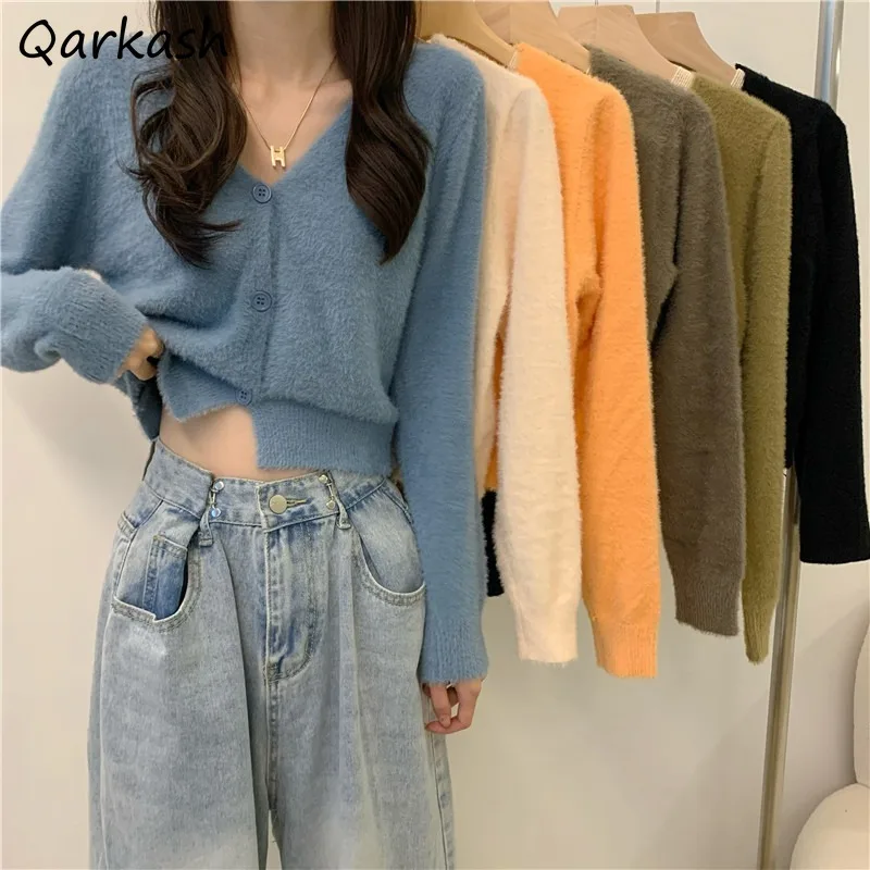 

Cardigan Women V-neck Jumpers Solid Cropped Single Breasted Ulzzang Mujer Leisure All-match 6 Colors Sweaters Vintage Cozy Ins