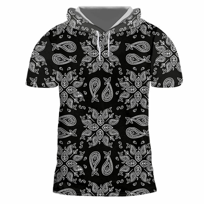 

Men 's Hooded Tshirt EU Size Men Black Paisley Bandana Pattern 3D Print Casual Short Sleeve Harajuku Shirts Summer Fashion Tops
