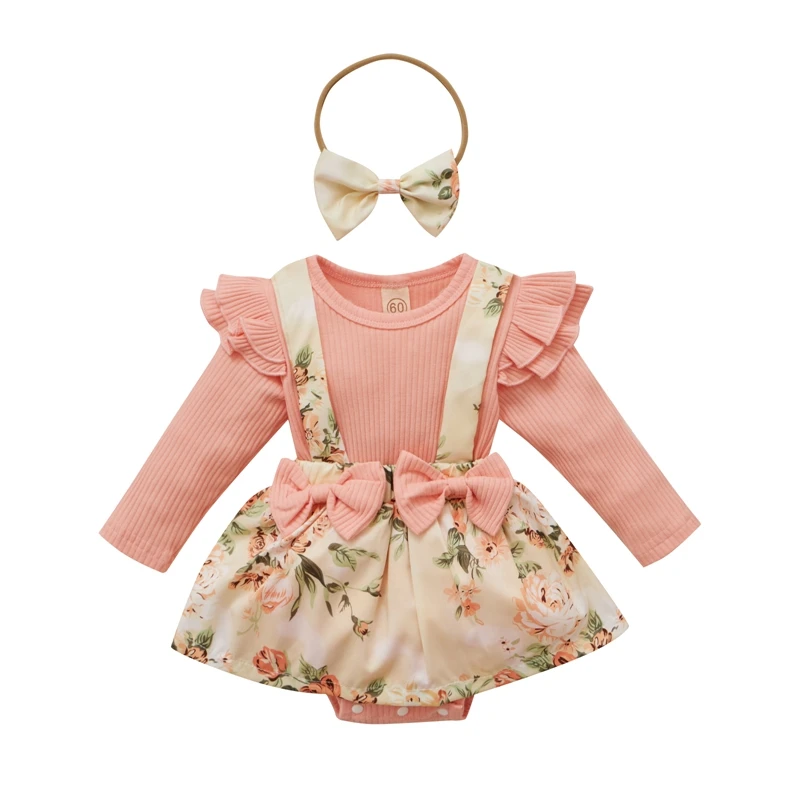

2Pcs Baby Autumn Outfit Floral Splicing O-Neck Long Sleeves Suspenders Skirt Romper + Hairband for Toddler Girls 0-24 Months