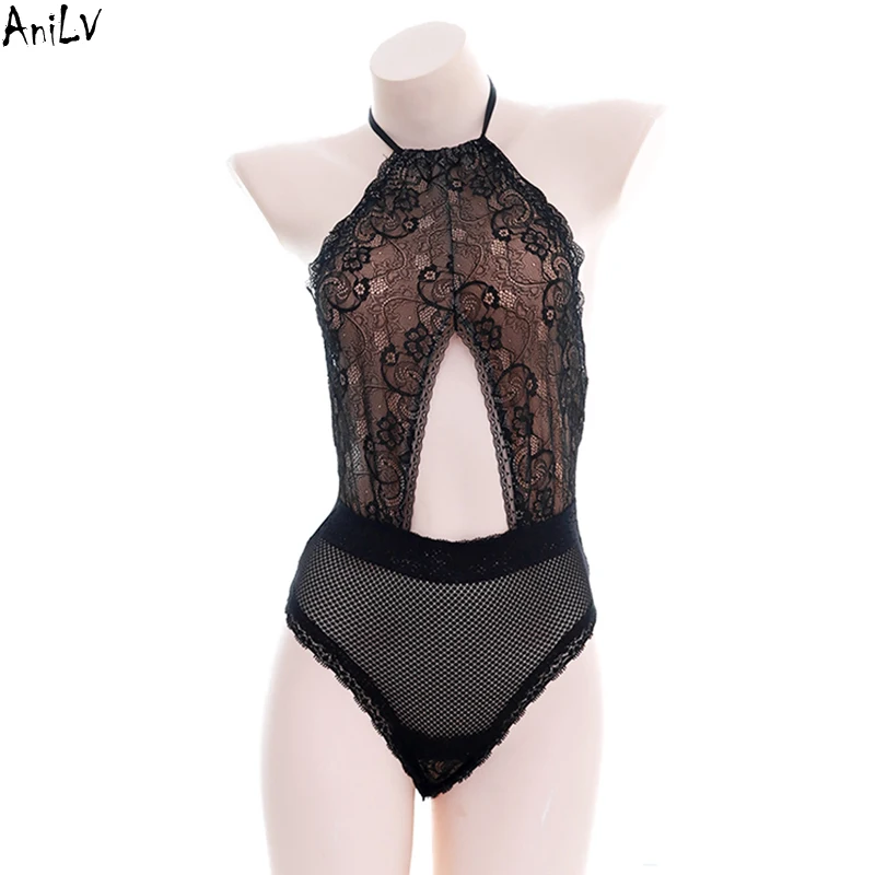 

Женский кружевной слитный купальник AniLV, черный, с лямкой на шее