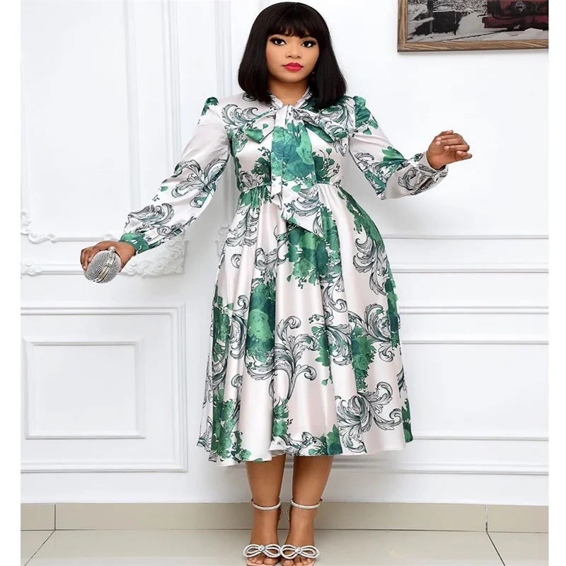 

Women Long Sleeves Printed Dresses with Bowtie Collar Pleated High Waist Midi Elegant Ladies Fashion African New Vestidos Robes
