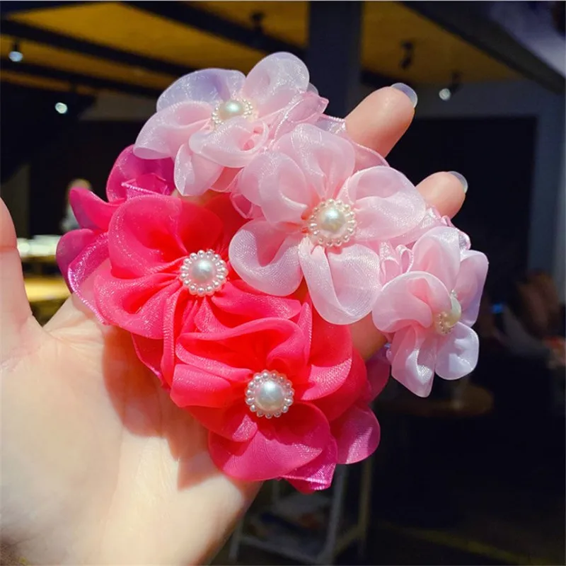 

Girls Hair Accessories 2Pcs/Lot Cute Headwear Flower Rope Elastic Hair Bands Pearl Princess Head Tie Kids Scrunchie Headdress