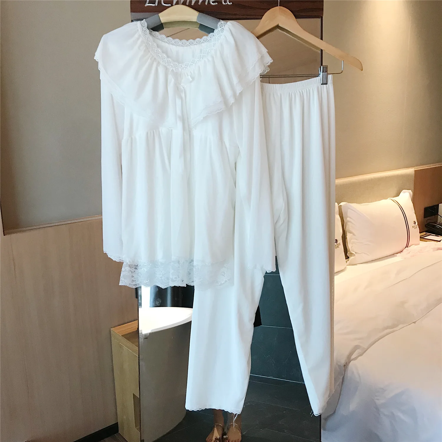 Princess Wind Belt Bra Pajamas Women's Spring Autumn Cotton Nightwear Long Sleeve 2Pcs Suit Court Home Clothes Sleepwear