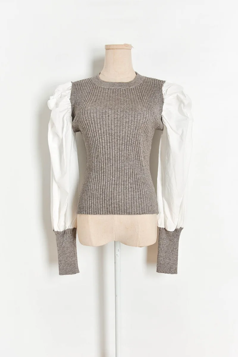 

Black Sweater 2020 Fall Fashion Women Pullovers White Long Puff Sleeve Patchwork Black Grey Brown Sweater Knitwear Dropshipping