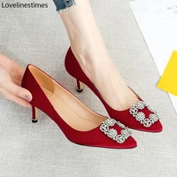 red high heels shoes woman basic pumps 2022 red satin cloth shiny diamond buckle shallow work shoe fashion sexy women shoes pump